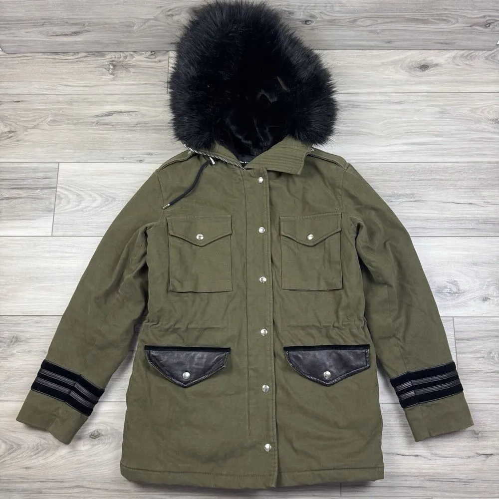 The Kooples Womens Fur‎ Hooded Full Zip Parka Jacket Military Coat Size M - Image 4