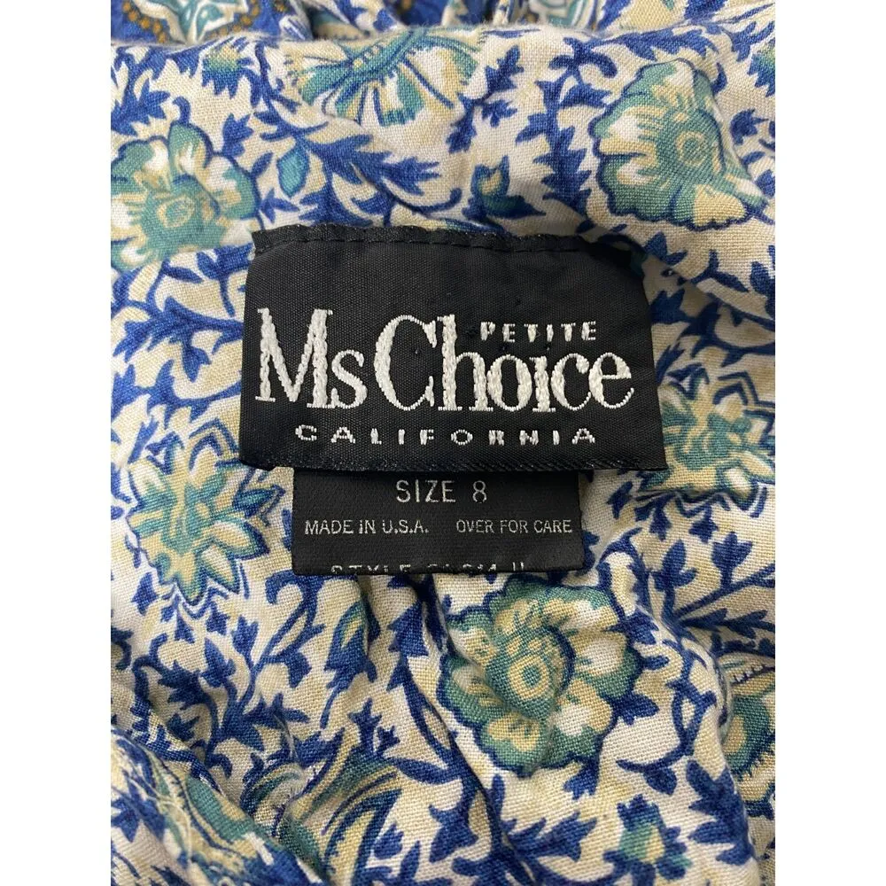 Vintage Ms Choice Floral Cropped Shoulder Pad Button Down 90s Rayon Shirt USA 8 Blue - Image 3