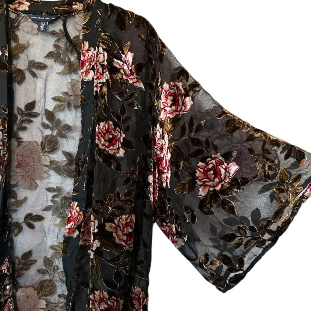 American Eagle Black Floral Velvet Burnout Kimono Cardigan Whimsigoth Size XS/S - Image 5
