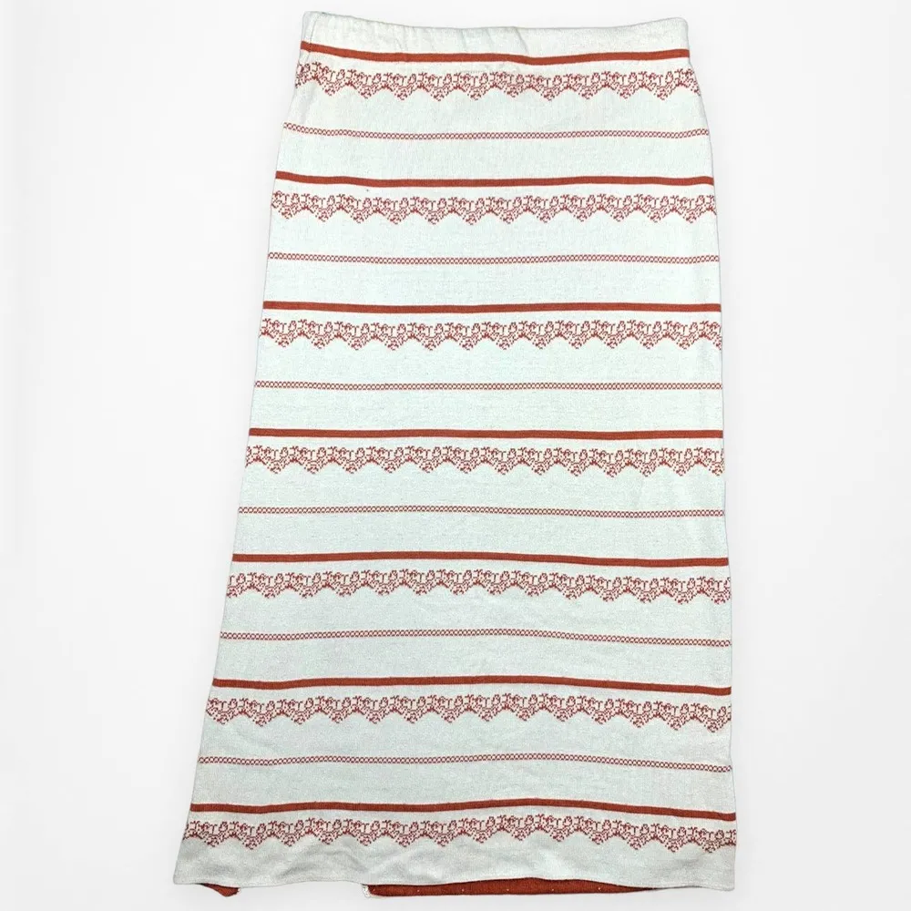 Free People Nordic Stripe Sweater Knit Midi Pencil Skirt Orange Cream Medium - Image 3