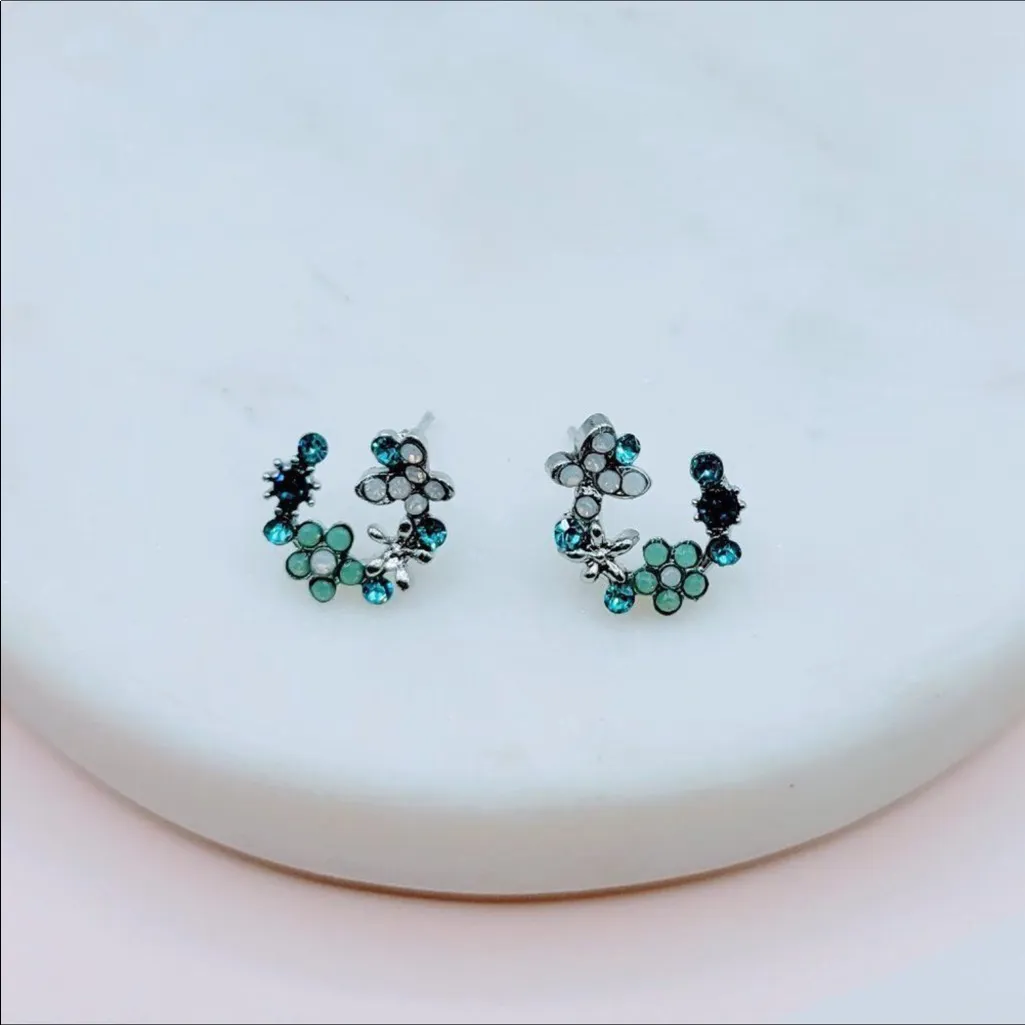 Petite Multi Color Crystal Flowers Blue Stud Earrings NEW - Image 8
