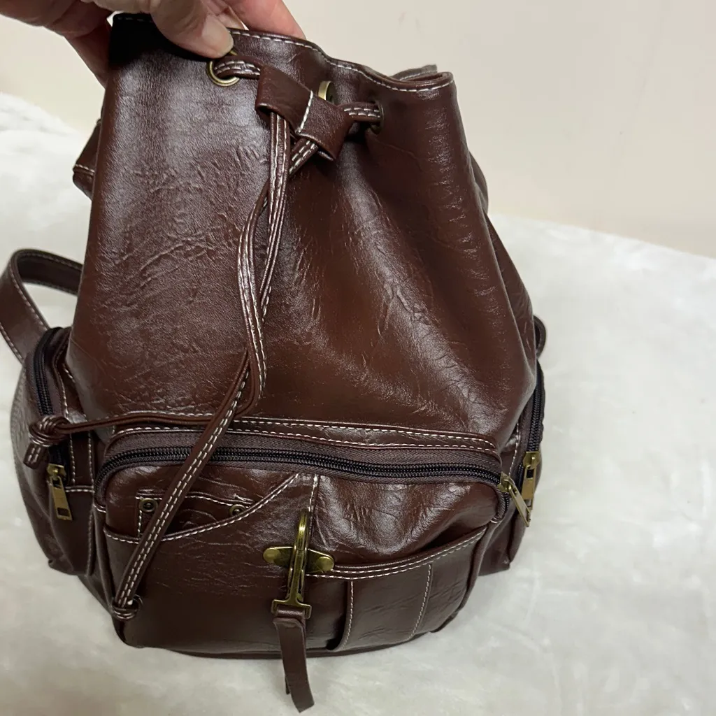 Vintage Yongle Drawstring Backpack with many pockets unisex Brown - Image 7