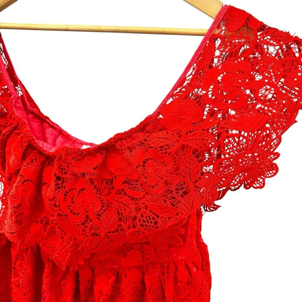 NEW Lovers + Friends Dream Vacay Off Shoulder Red Lace Mini Dress Women's Medium - Image 2
