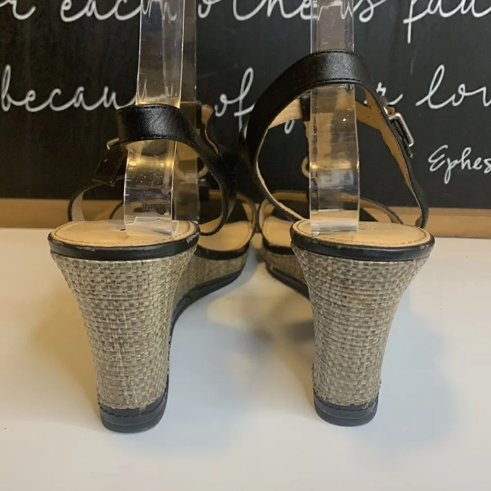 Antonio Melani Black Suede Slingback T-Strap Cork Wedge Heels - 10M - Image 6