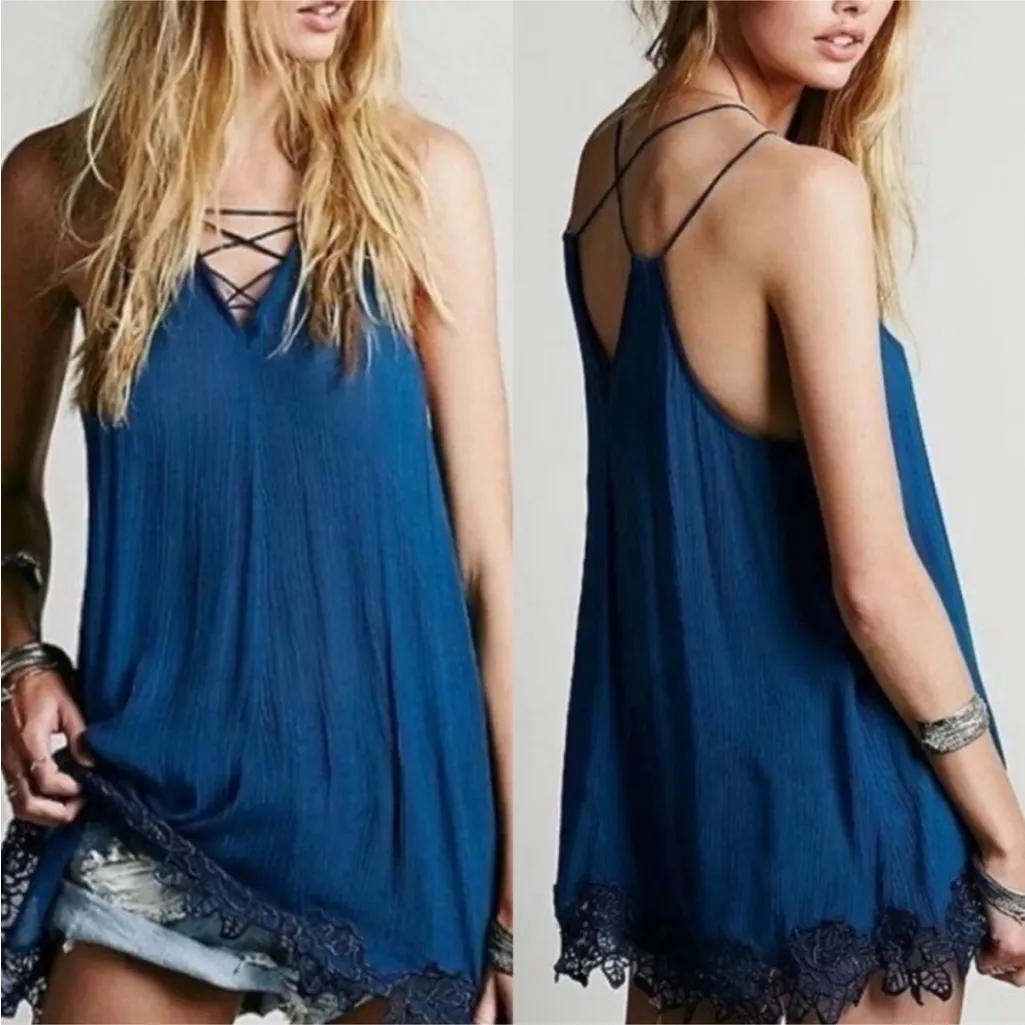 Free People Wicked Spell Tunic Mini Dress Teal Blue Boho Embroidered Size M - Image 2