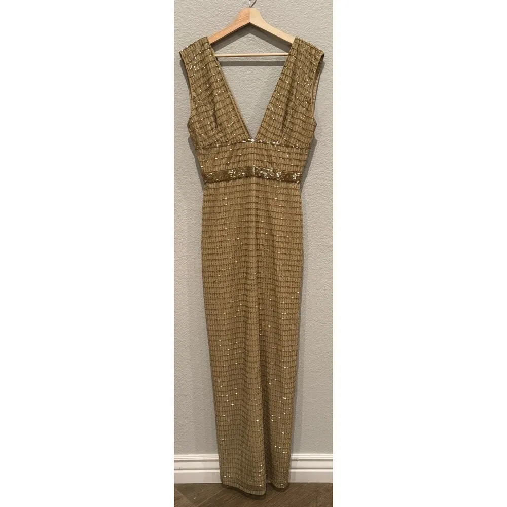 NWT Mac Duggal Gold Beaded Cap Sleeve V Neck 5625 Column Gown - Image 14