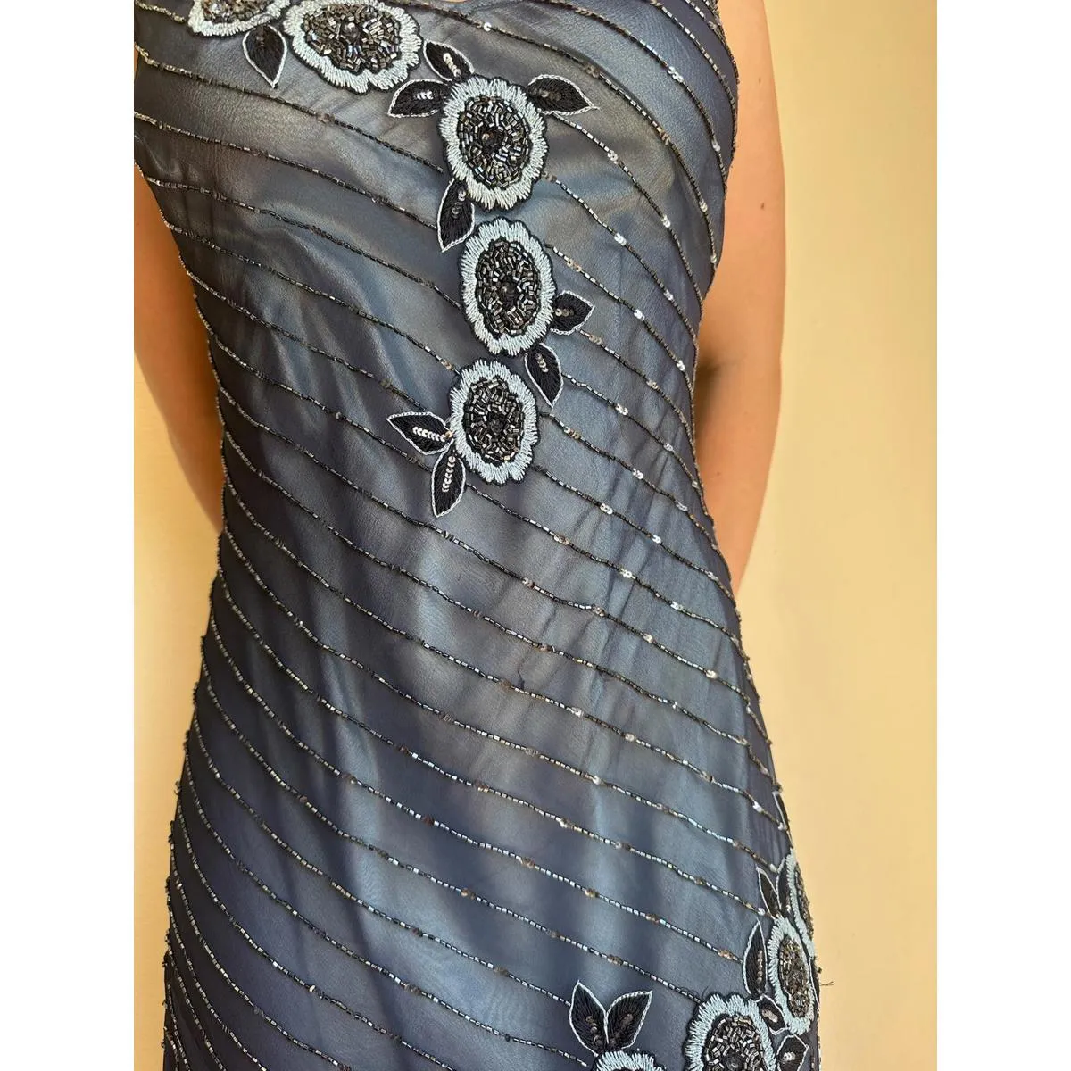 Midnight Blue Beaded Floral Midi Dress Size 16 - Image 3
