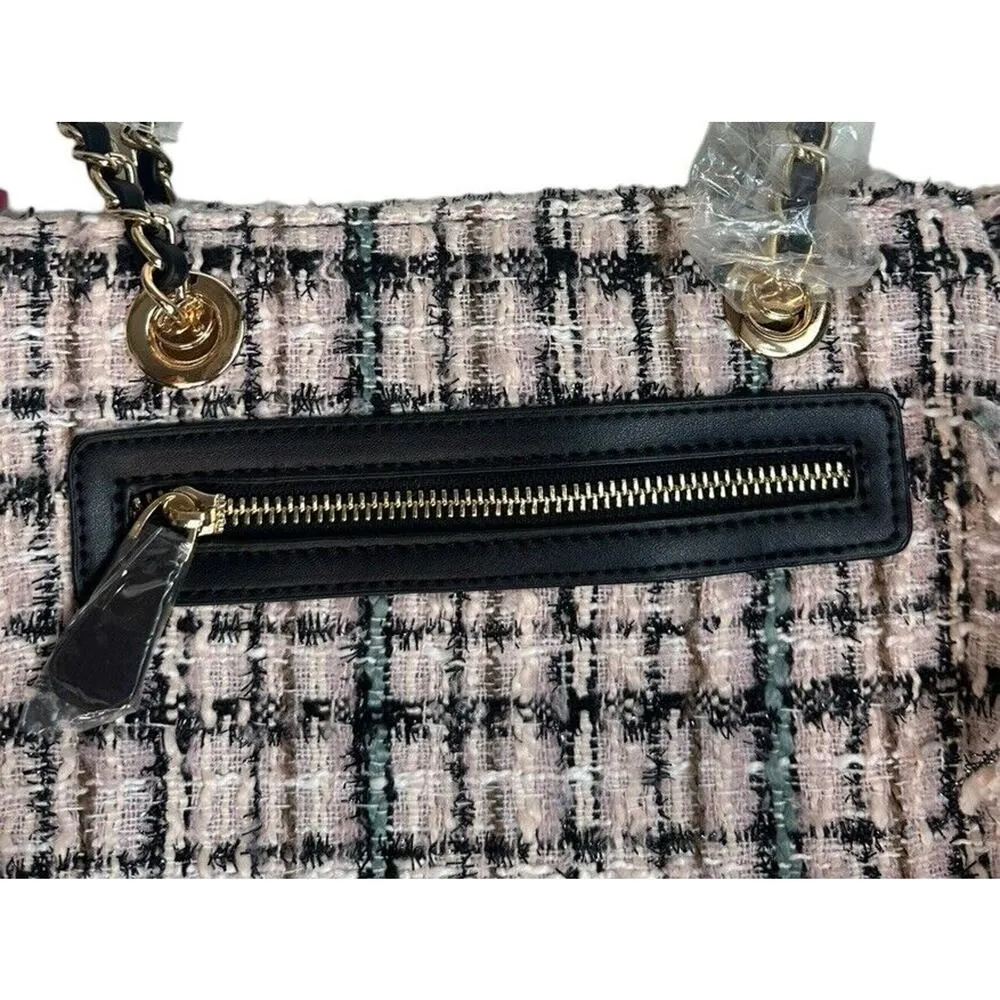 Sassy Jones Pink Black Tweed Fringe Status Handbag Purse Tote Chain Strap NEW - Image 10