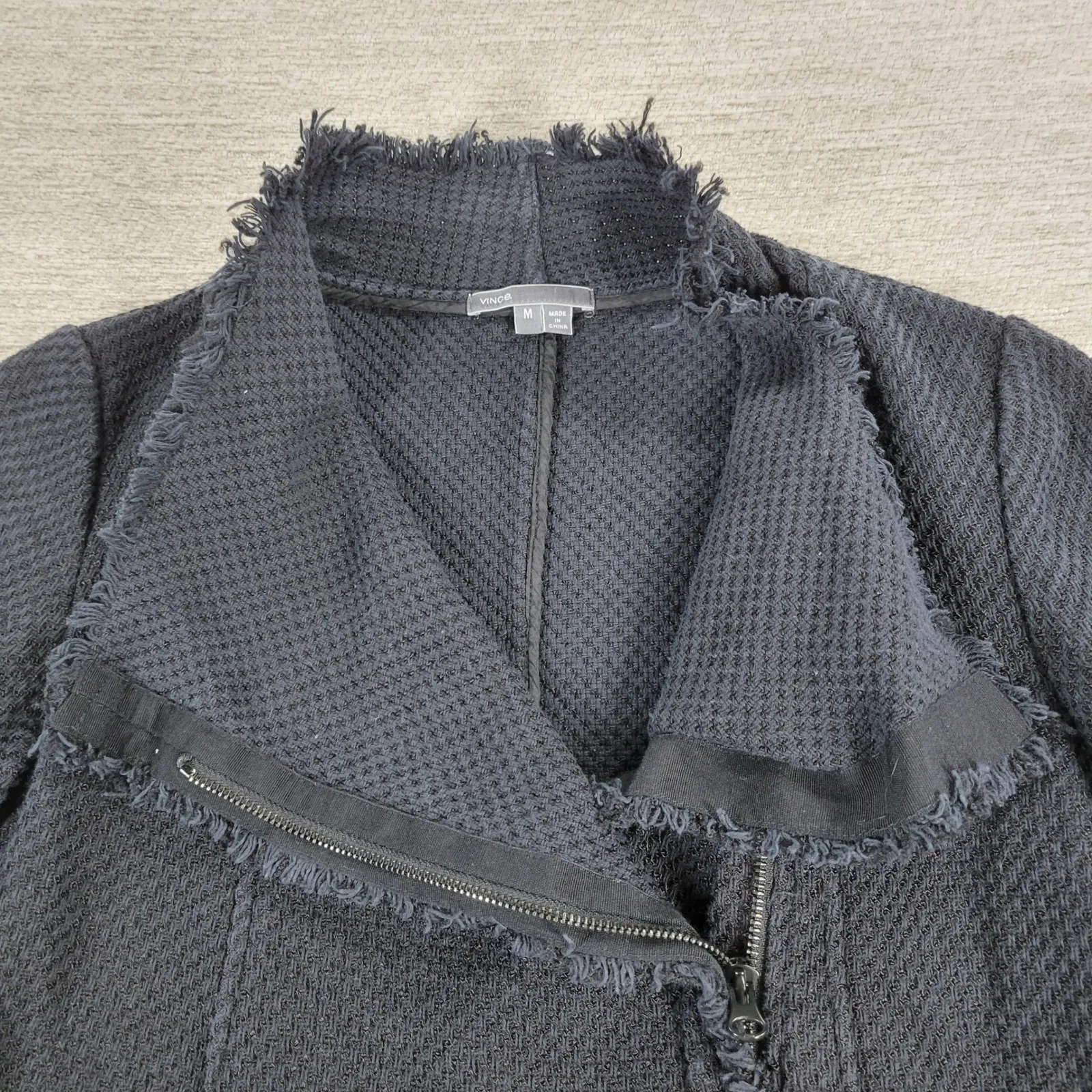 Vince Textured Knit Moto Jacket S Zip Fringe Trim Collar Black - Image 10