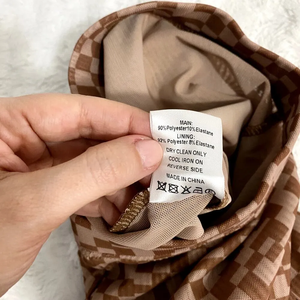 White Fox Boutique Brown Checkered High Rise Mesh Pull On Flare Pants M - Image 5