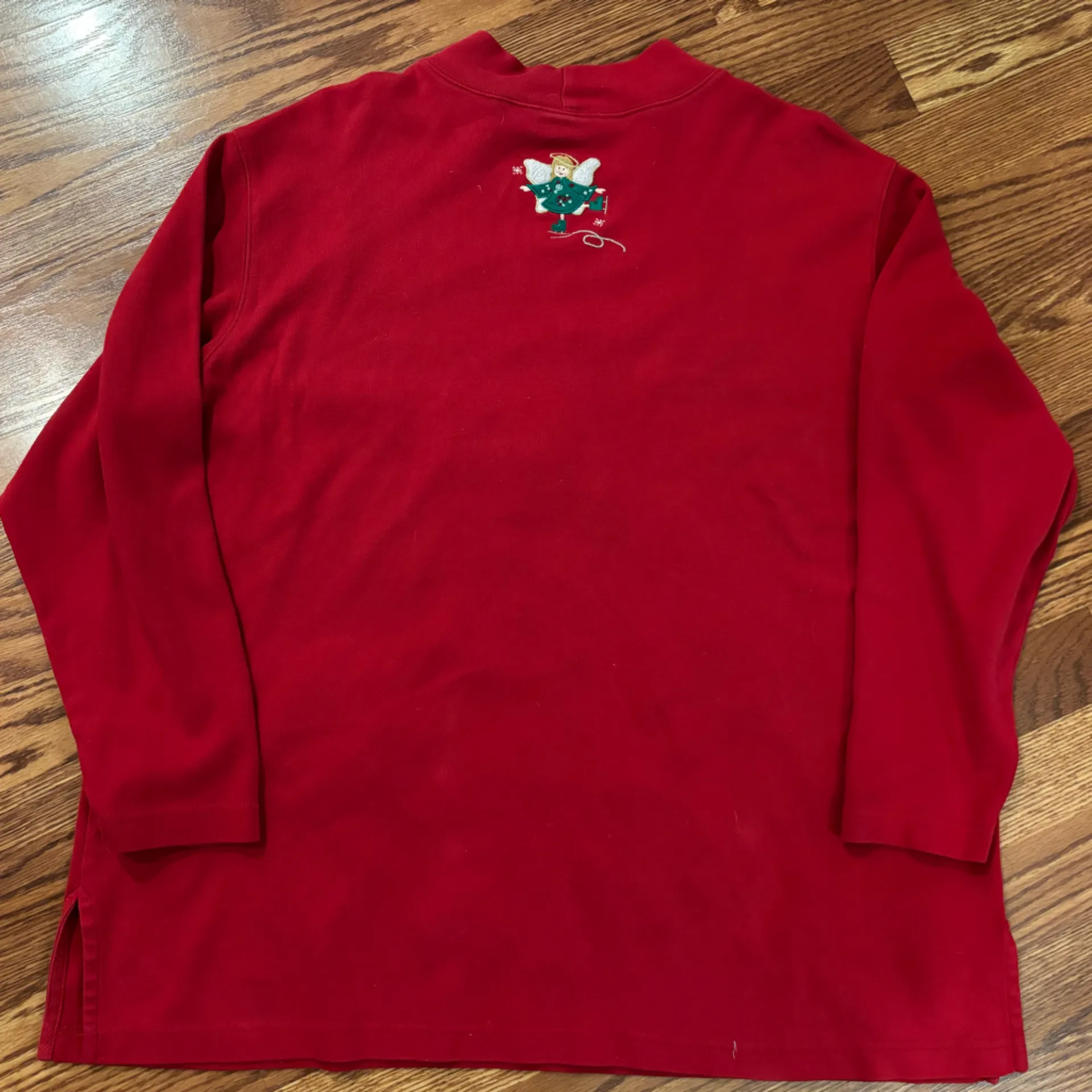 Vtg Bechamel Christmas Mock Neck Cotton Top/Shirt with Angels & Trees Appliqué Green Size 1X - Image 2