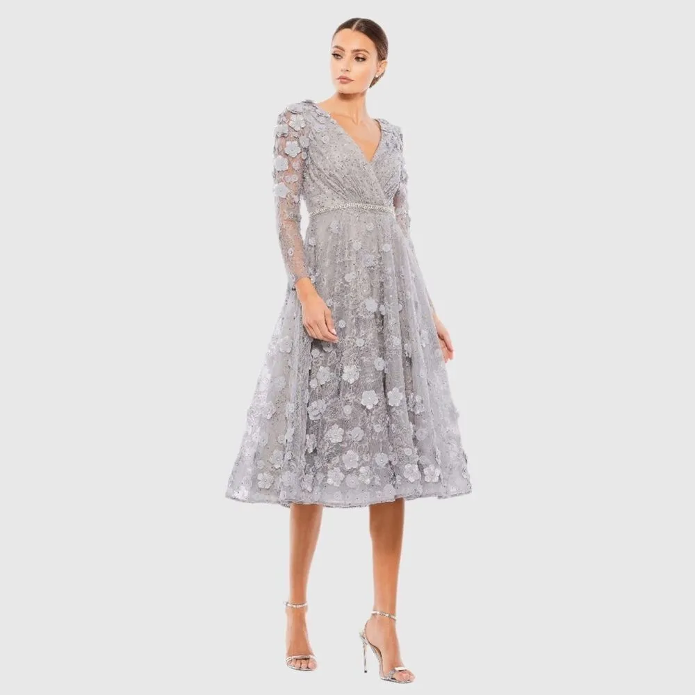 MAC DUGGAL 67387 Gray Floral Embellished Lace A-Line Cocktail Dress - Image 3
