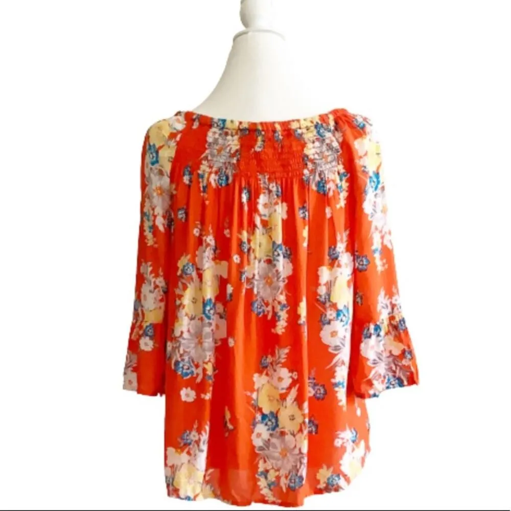 beachlunchlounge Top Latoya Tangerine Floral 3/4 Bell Sleeve Peasant Top Small - Image 4