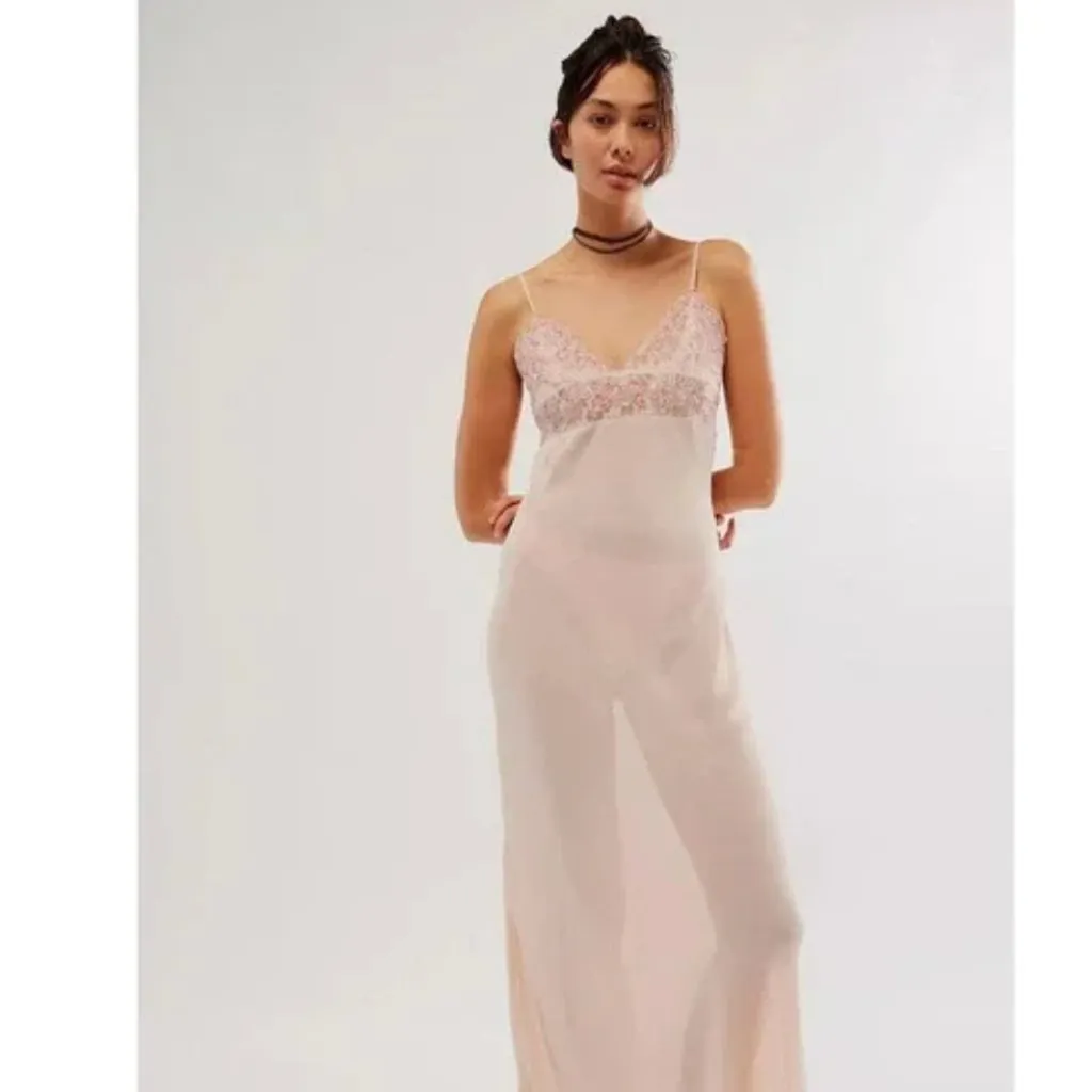 New Free People Midnight Magic Maxi Slip Dress  Pink Beaded Lace Trim - Image 5