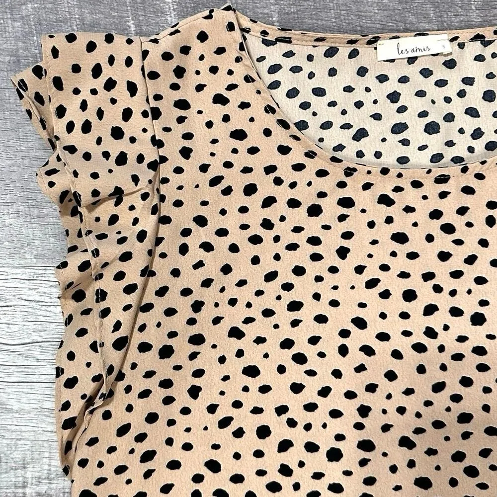 Les Amis Safari Flutter Sleeve Blouse Womens S Tan Leopard Spotted Top USA Made - Image 2