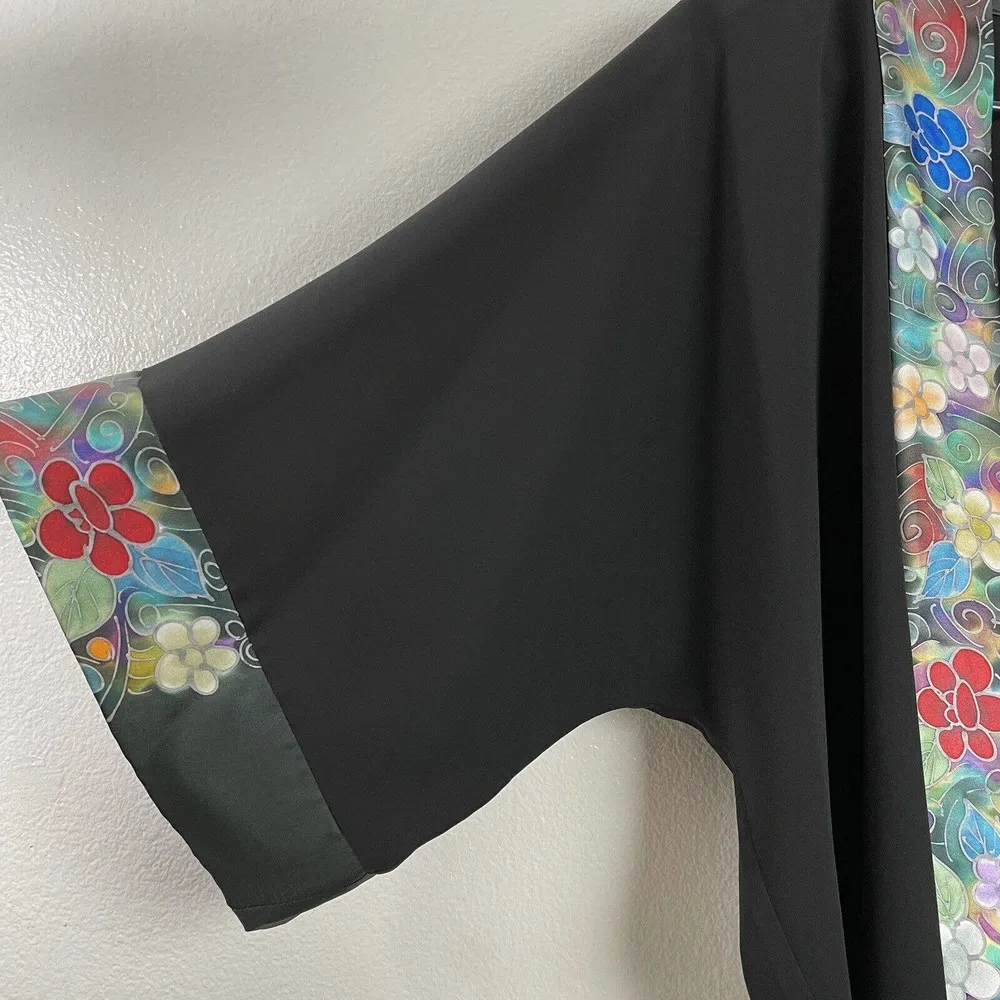 Invisible World Alaska Womens Kimono Jacket Hand Painted Silk Polyester Large Black - Image 5