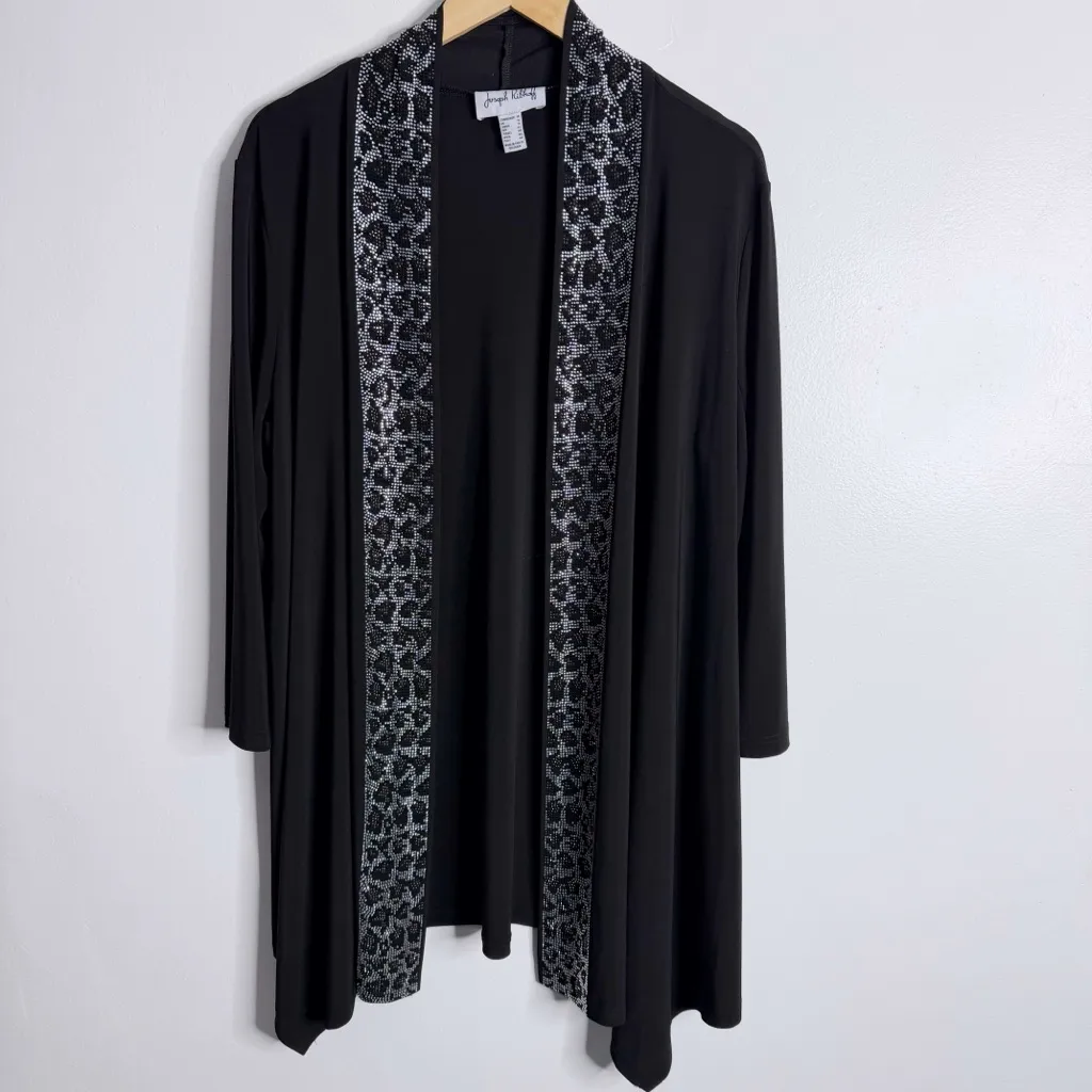 Joseph Ribkoff Black Open Front Cardigan Beaded Animal Print Trim Stretch Sz 14 - Image 2