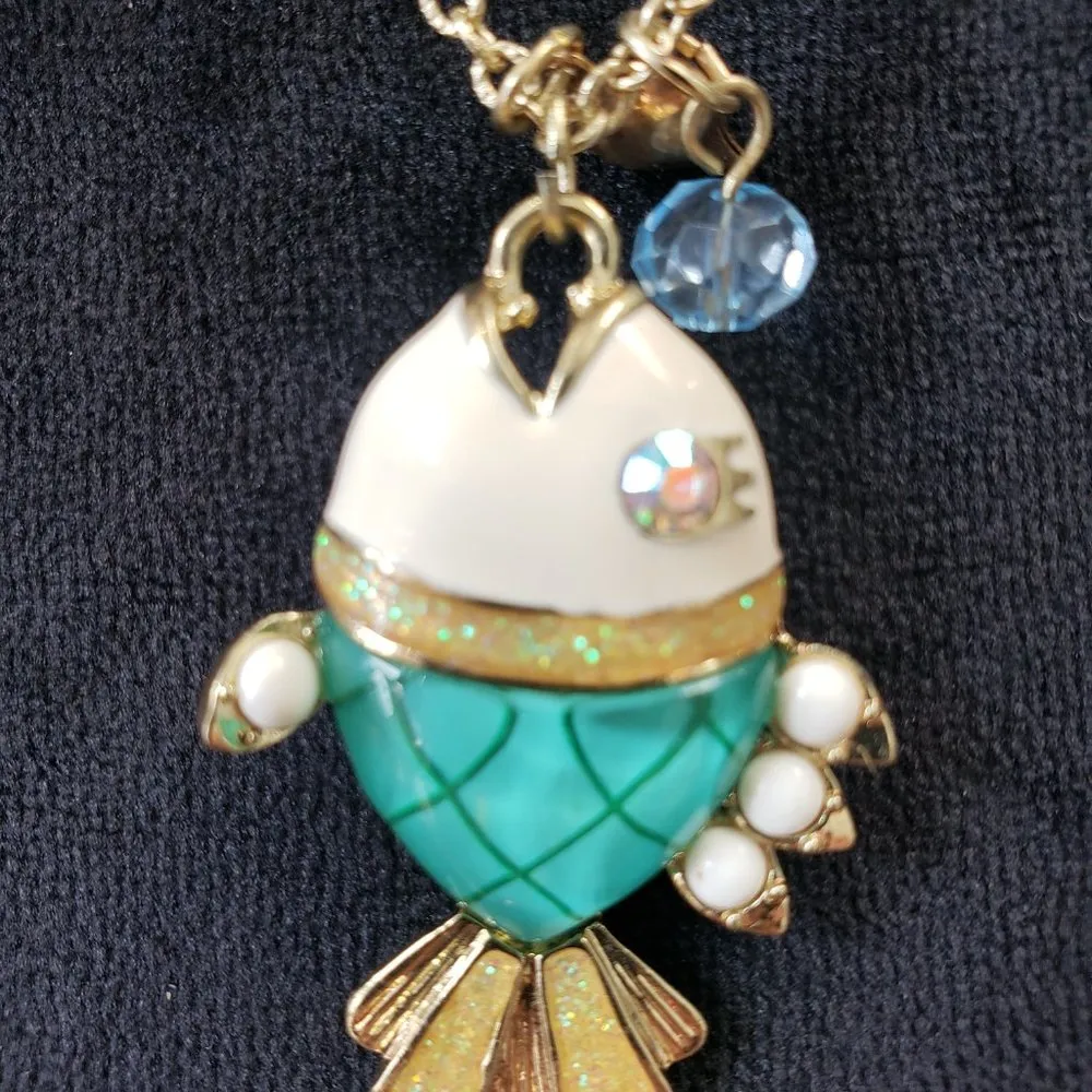 Vintage Betsey Johnson Sea Excursion Fish Necklace Blue Lucite Rhinestone Gold - Image 4