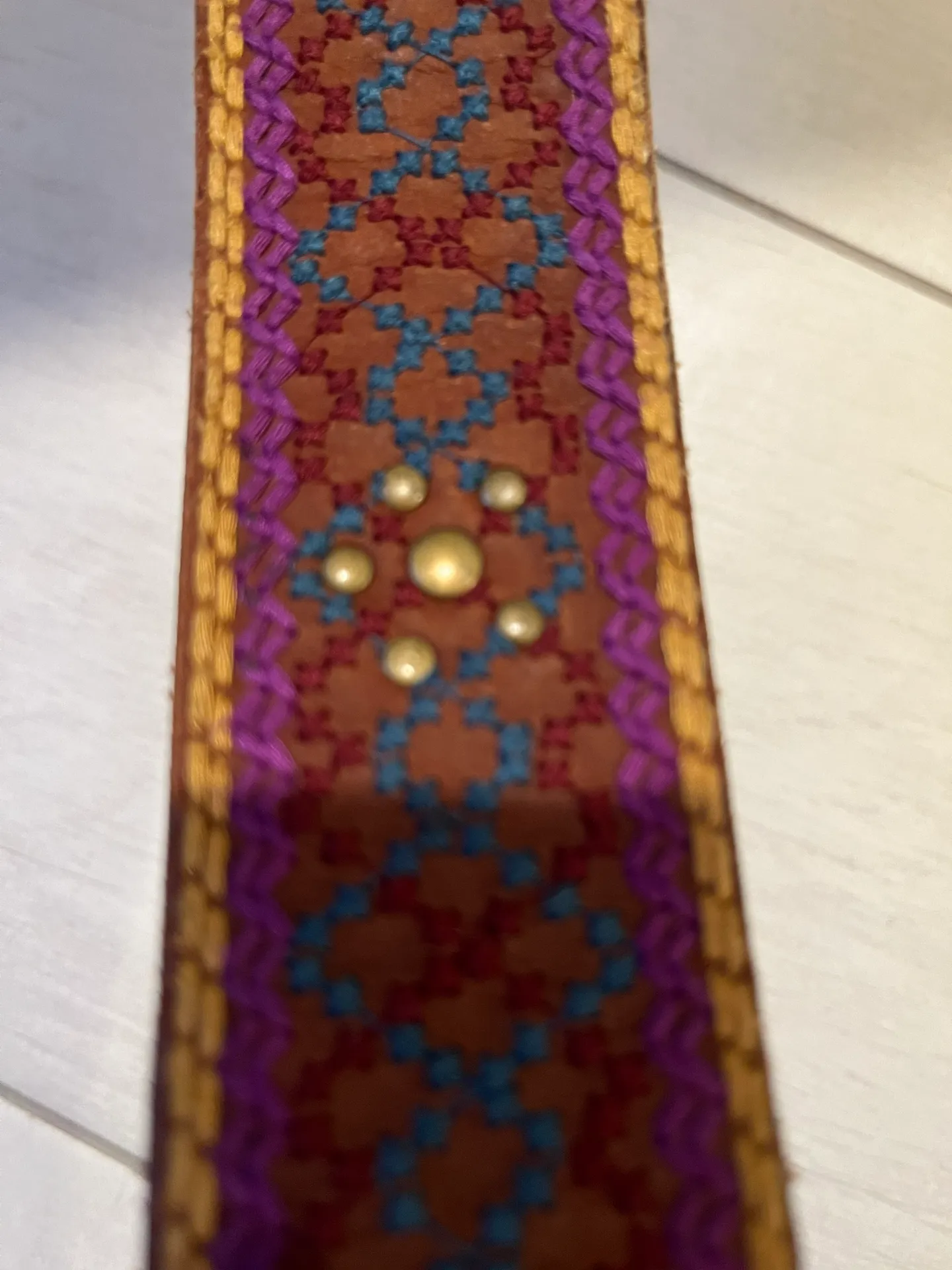 Embroidered Leather Belt Brown Large Embellished Multicolor Boho - Image 5