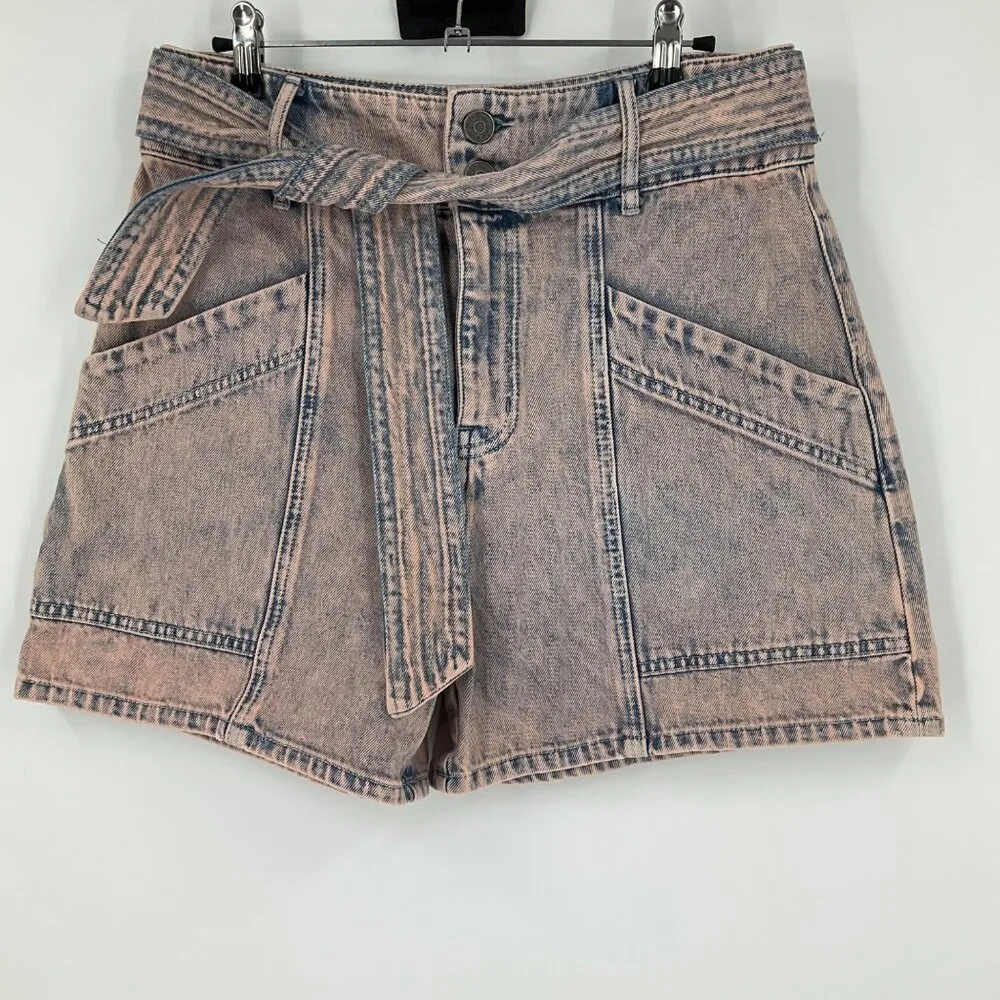 Joie High-Waisted Denim Shorts With Belted Tie Waist Light Wash pink preppy - Image 9