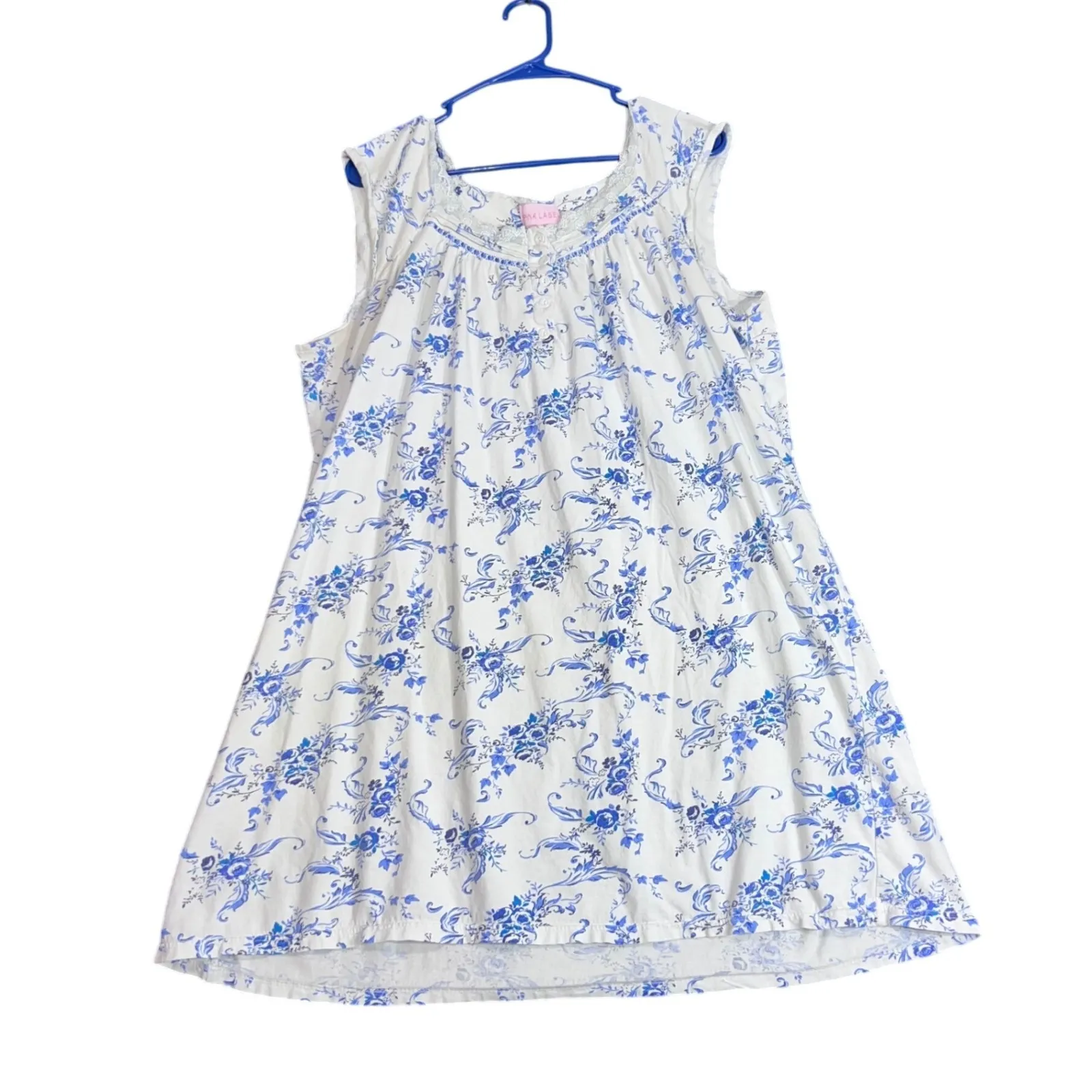 Pink Label Sleeveless Nightgown Womens XL Blue Floral Lace Trim Button Front White - Image 2