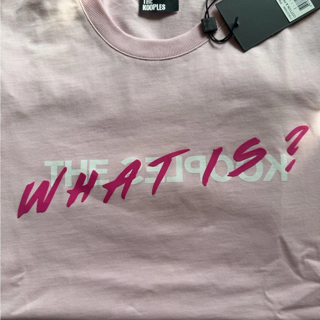 The Kooples Edgy Pink Graphic “What Is?” Short Sleeve Tee Shirt Size 0 NWT - Image 4