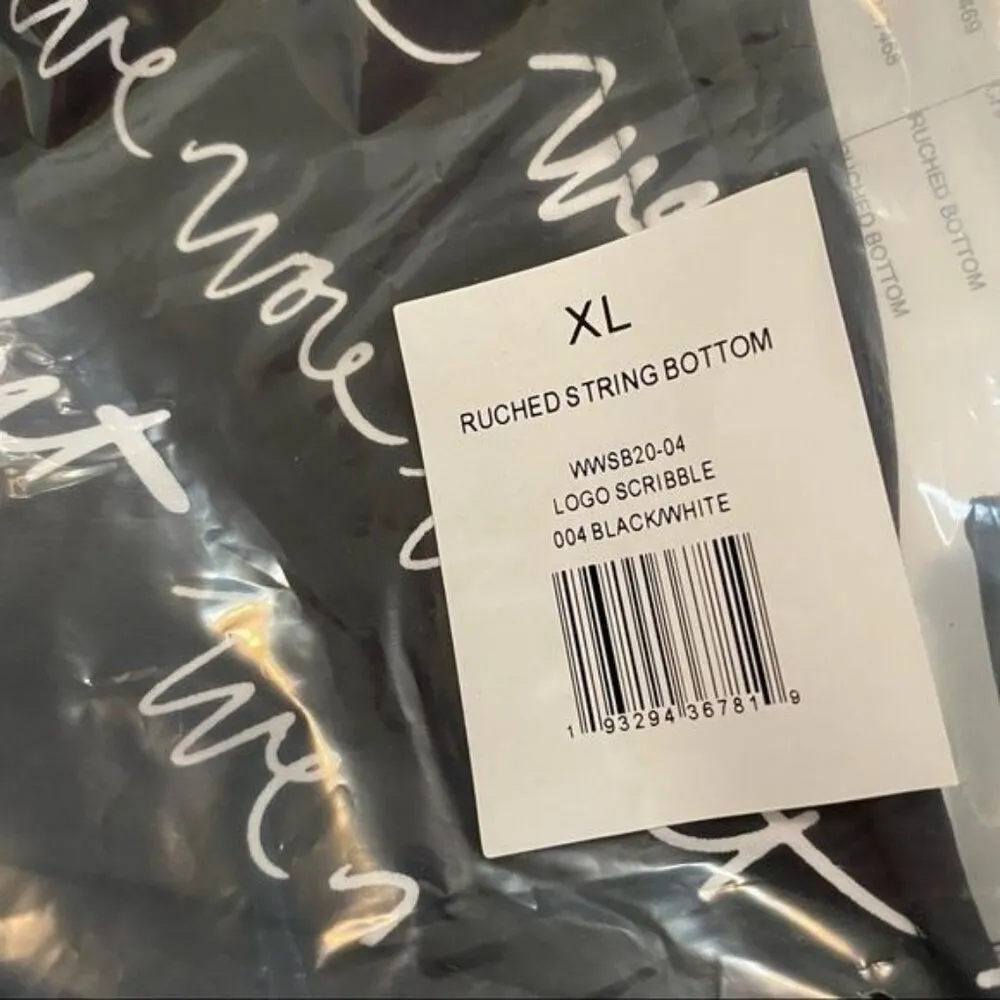 WEWOREWHAT Ruched String Logo Bikini Bottom in Black White XL - Image 7