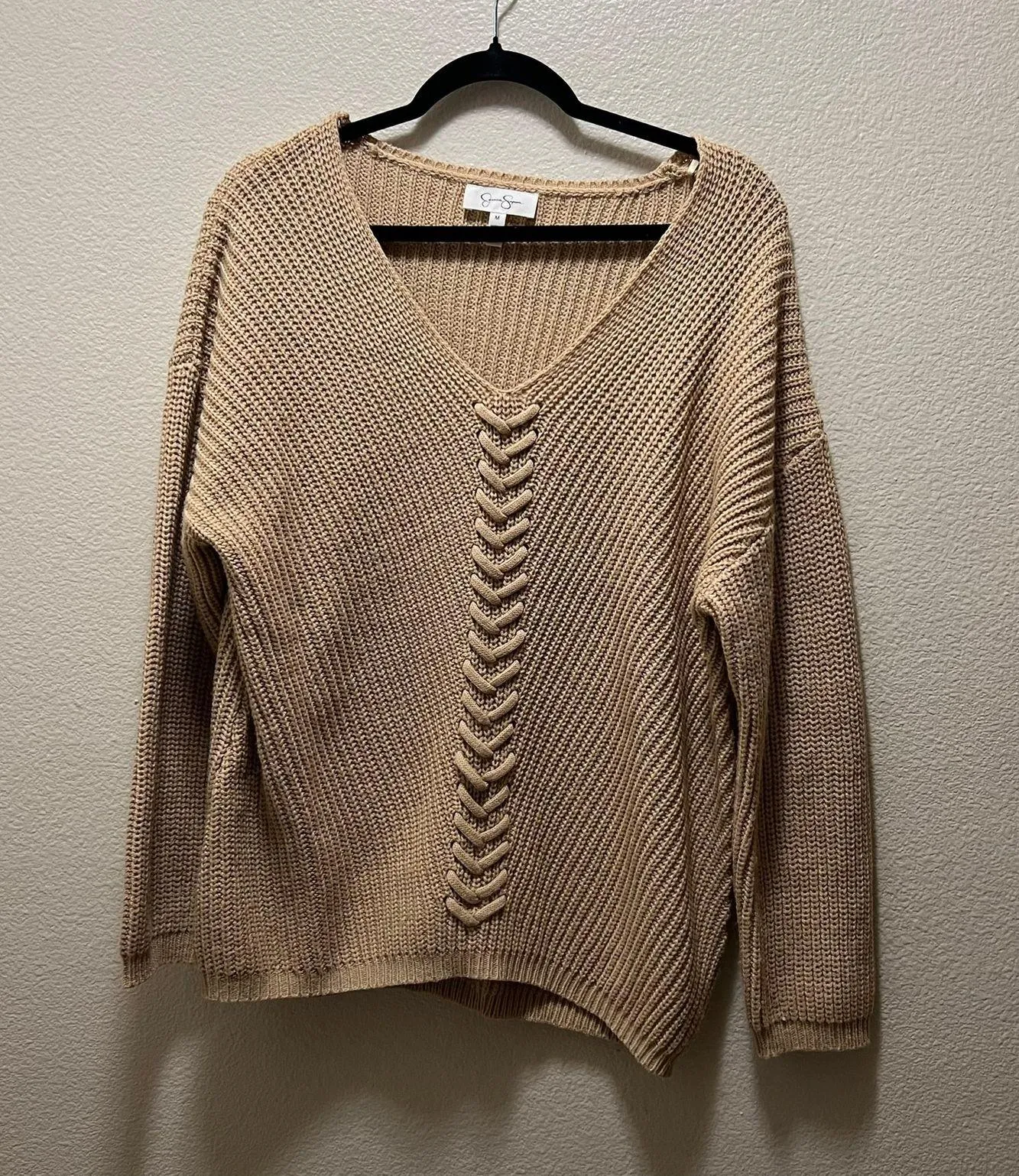 Jessica Simpson Pullover Sweater Laced Front Knitted V-Neck Long Sleeve Beige M - Image 2