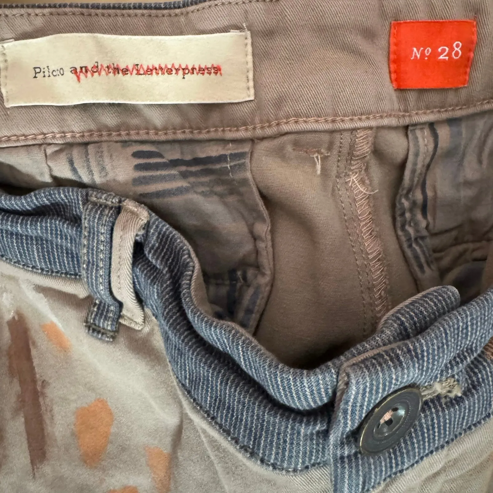 Pilcro Hyphen Collab Patchwork Painted Chinos Pants Women’s Sz 28 Anthropologie Brown - Image 6