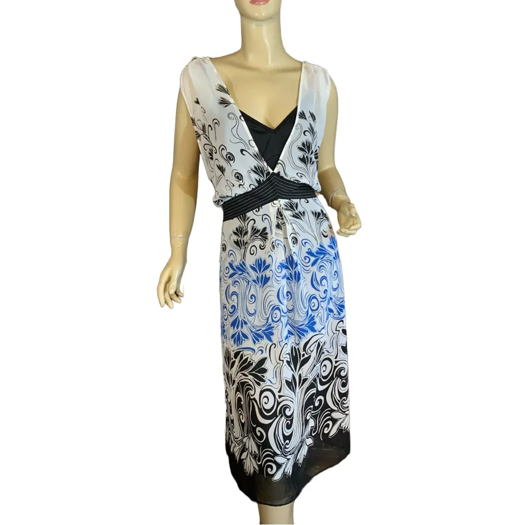 LANE BRYANT WHITE, BLACK AND BLUE CHIFFON LAYER SLEEVELESS MIDI DRESS (26) - Image 2