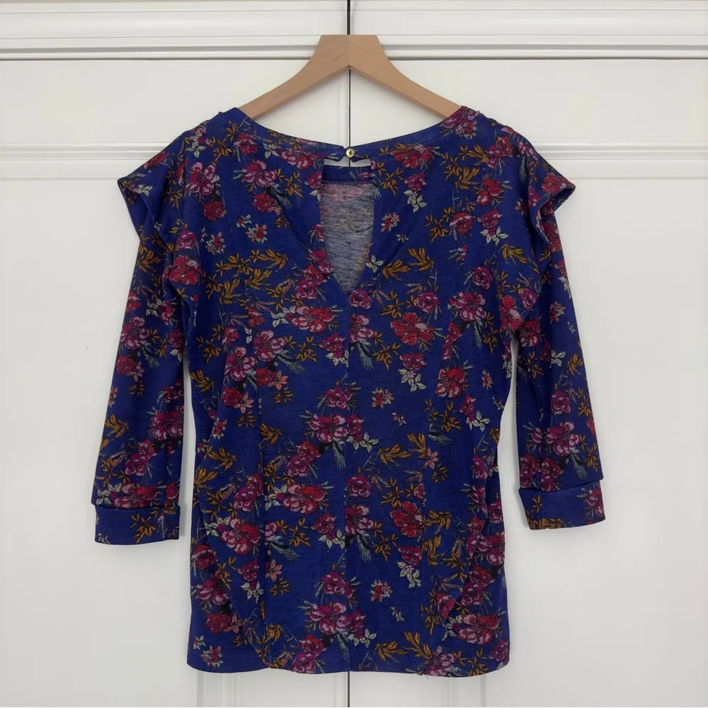 Free People Dock Street Top Ruffle Floral 3/4 Sleeve Top Button Keyhole Back XS - Image 4