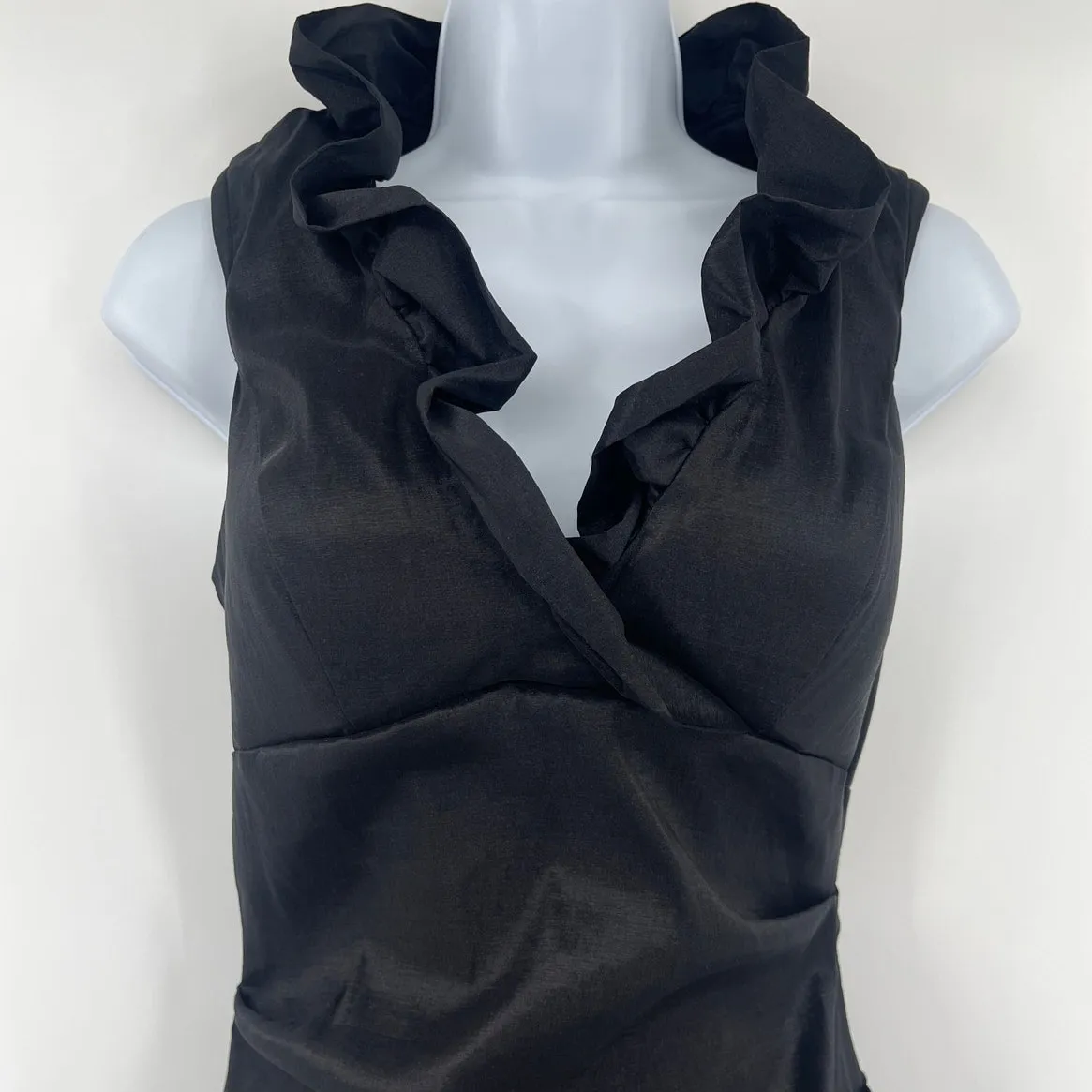 Xscape Y2K Body Con Cocktail Dress Sz 8 Black USA Ruffle Ruched Glam Goth Party - Image 2