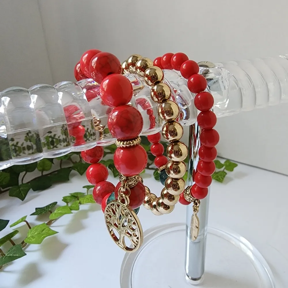 Boho 3 Red Gold Bead Stretch Bracelets Tree of Life - Image 2