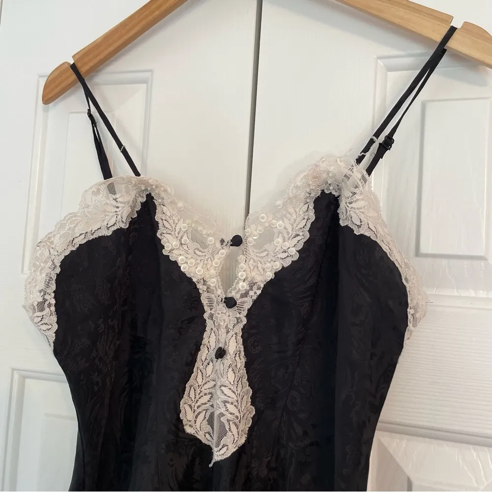 Vtg Y2K Delicates Bodysuit Romper Dress Sz Small Black Lace Trim - Image 3