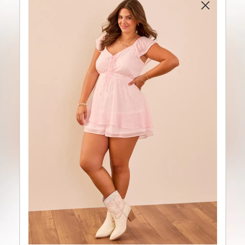 Arula Hayes Floral Pink Fit Flare Slip On Ruffle Cap Sleeve Romper 1X New - Image 3