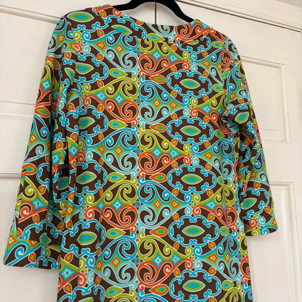 Jude Connally Megan Dress Jude Cloth Size Medium Retro 60s Print 70s Made in USA Blue - Image 9