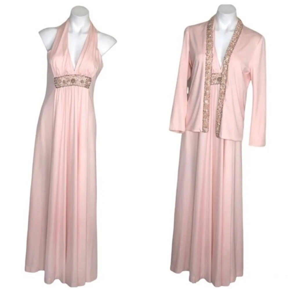 VINTAGE Pink Beaded Gown 2 Piece Sleeveless Cardigan Plunging Neckline - Image 13