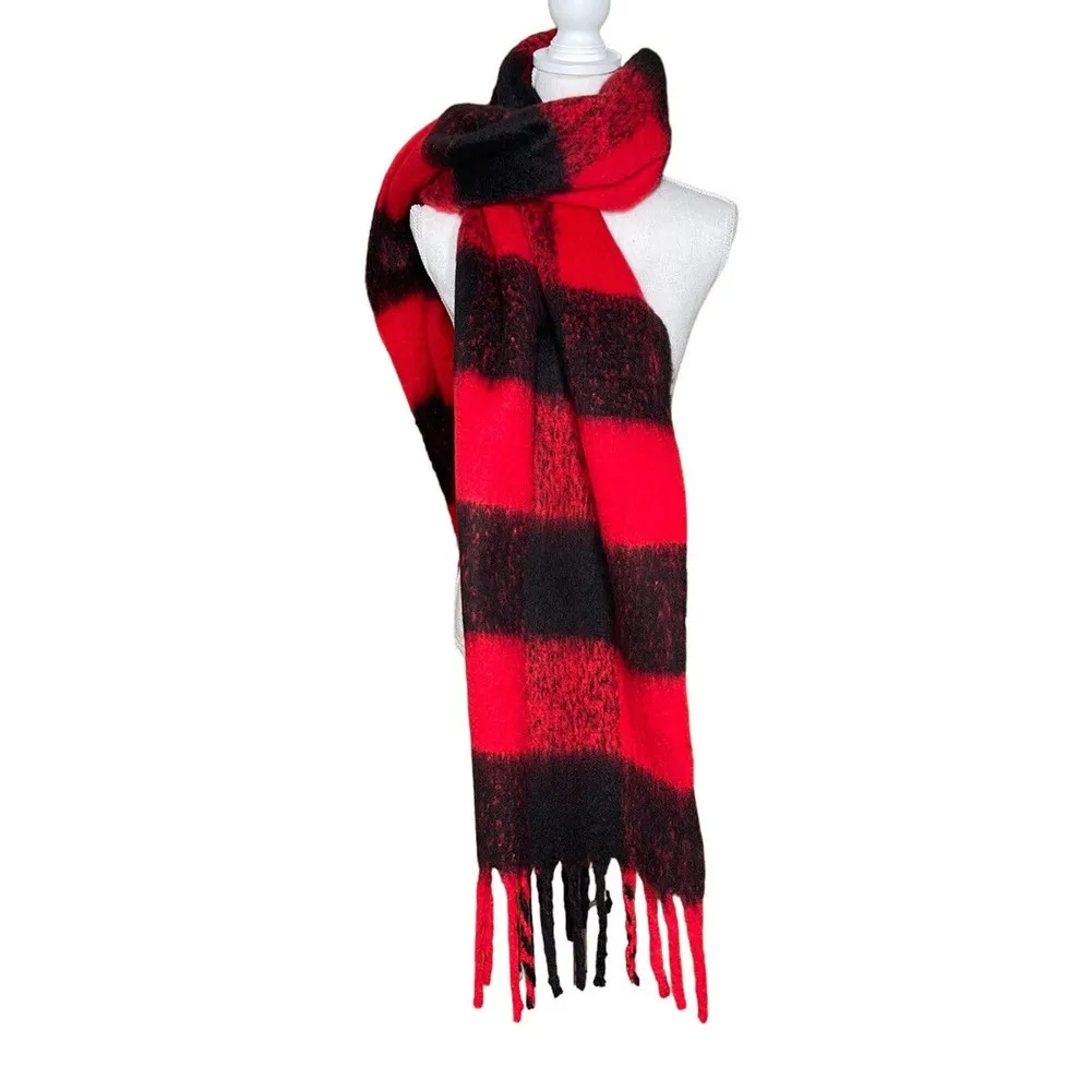 Steve Madden Red Black Buffalo Plaid Soft Wrap Scarf w/ Fringe 78 x 20" - Image 3