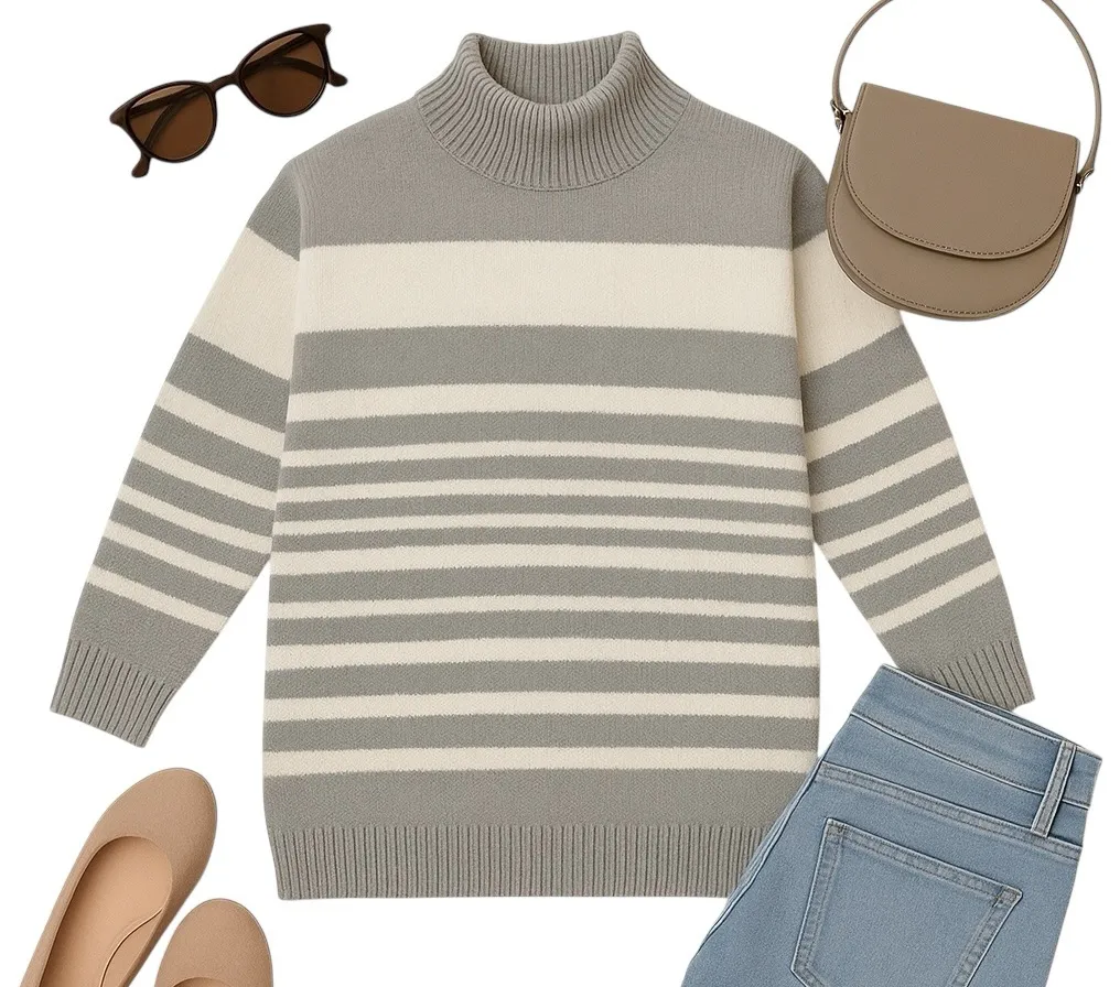 Haberdasher Vintage Silk Blend Gray White Striped Turtleneck Sweater Size S EUC - Image 1