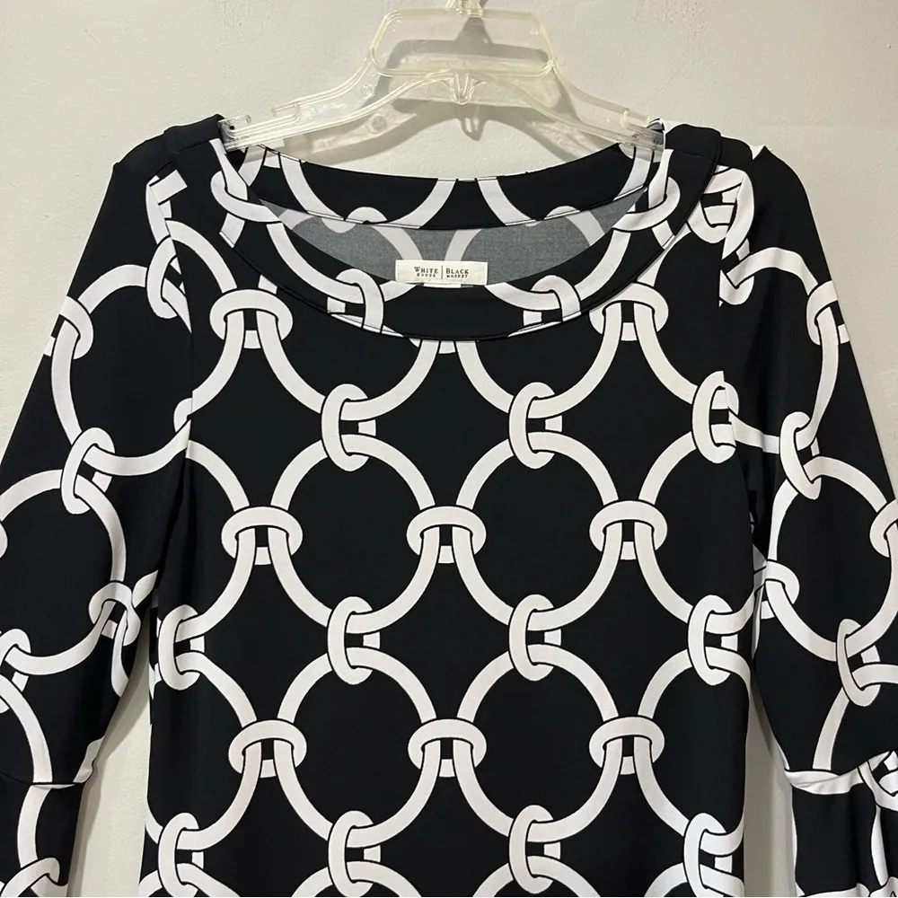 White House Black Market midi dress womens medium blackwhite shift Bell Sleeves - Image 4