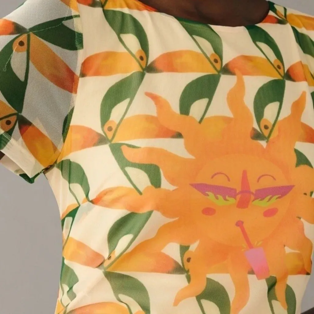 FARM RIO x ANTHROPOLOGIE  Printed Mesh
Toucan Bird Sun Midi Fitted Dress Sz S - Image 3