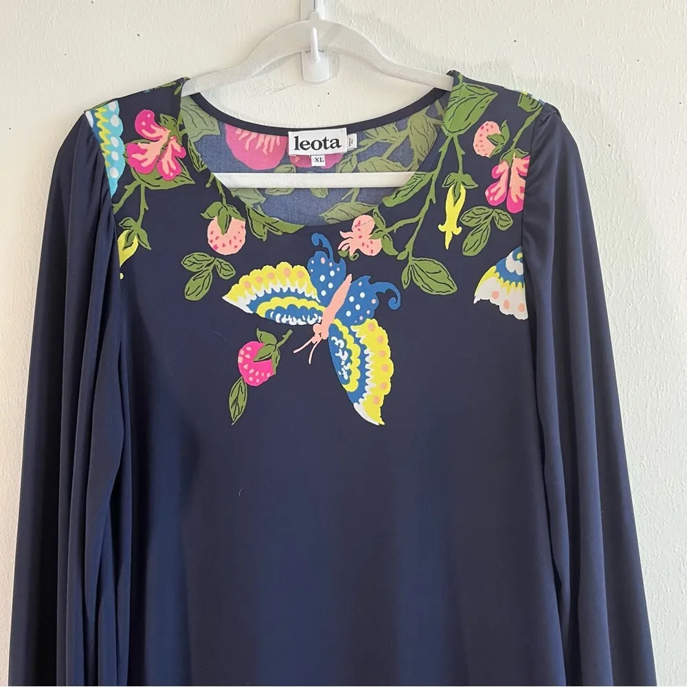 Leota Dress Navy Blue w/ Floral Pattern & Butterfly Long Sleeve Shift Sz XL EUC - Image 2