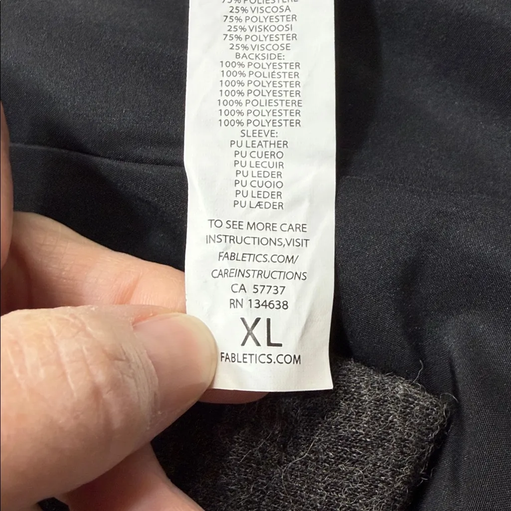 Fabletics NWT Milano Charcoal Gray Fleece with Black Faux Leather Sleeves Coat - Image 9