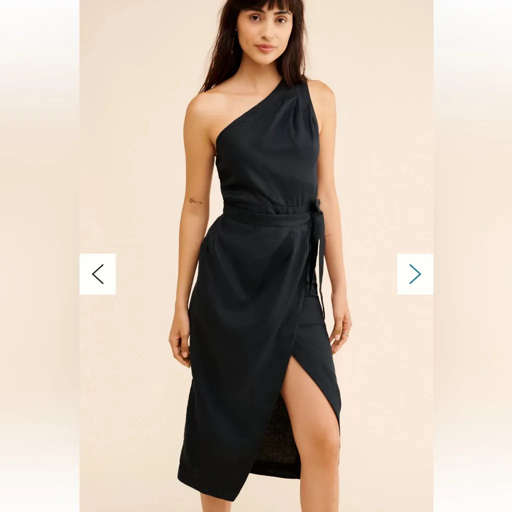 Anthropologie Linen Black Asymmetrical One Shoulder Midi Dress Belted 4P - Image 3