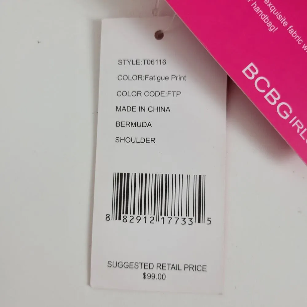 BCBGirls Womens Shoulder Bag Green Fatigue Print Canvas Leather Trim T06116 NEW - Image 2