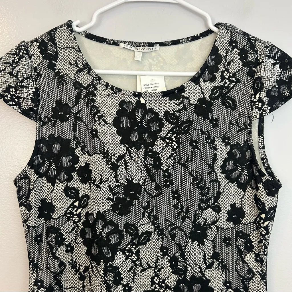 NWT Collective Concepts Black/White Lace Illusion Cap Sleeve Sheath Dress Large - Image 5