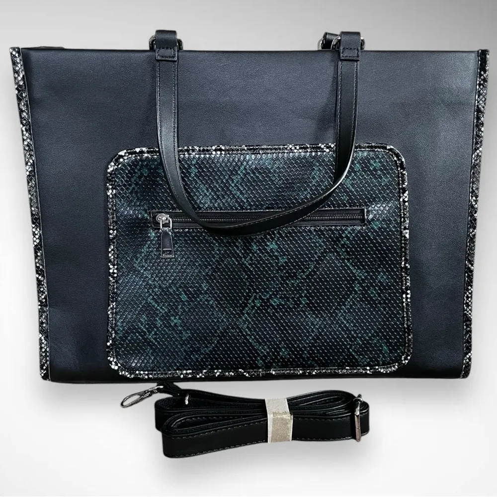 Large Black Vegan Leather Laptop Tote Bag With Detachable Shoulder Strap | EUC - Image 2