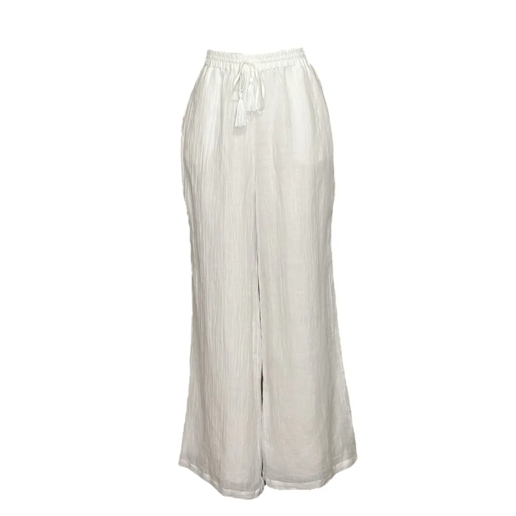 MONDAY SWIMWEAR Tahiti Wide Leg Linen Pants, White Crinkle, Large - Image 4