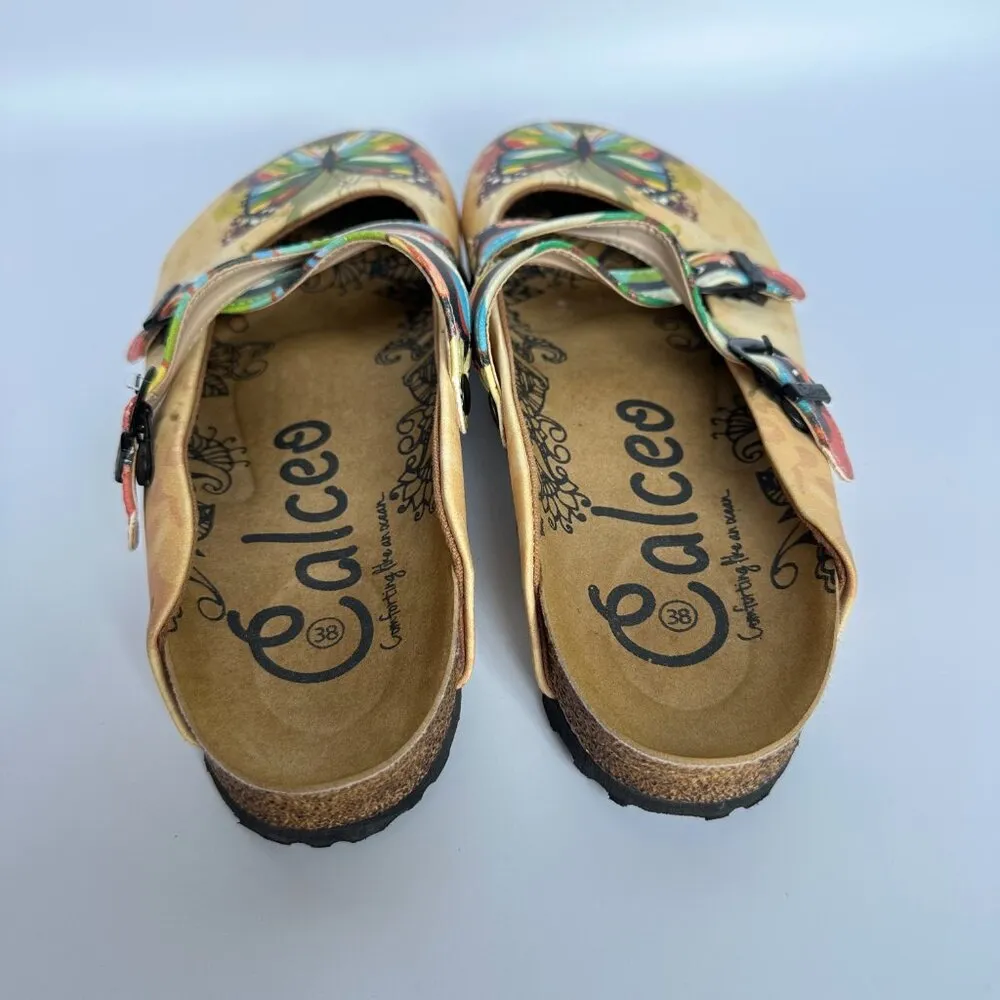 Calceo Colorful Butterfly Patterened Clog‎ Vegan Leather Quirky Garden Artsy Tan Size 7 - Image 8