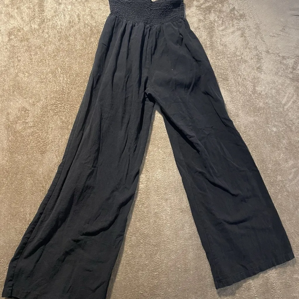 Wide Leg Pants Womens Small Linen Blend Black Smocked Pull On Stretch Pockets - Image 3